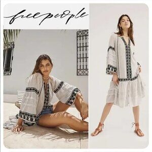 Free People Vagabond Striped Maxi Tunic Top Dress Embroidered Oversized Size S